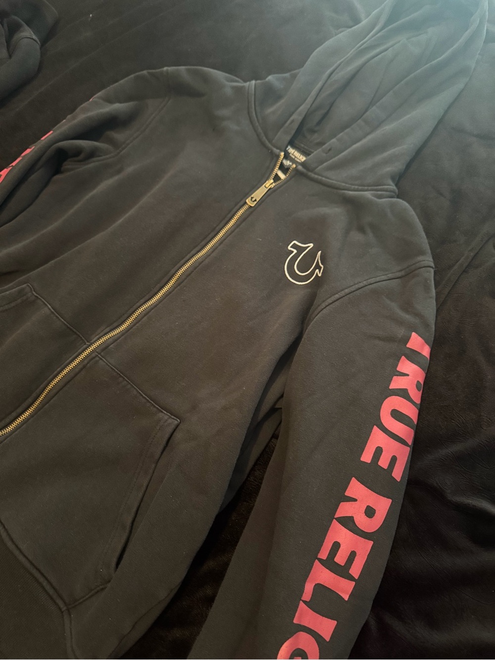 True Religion Black Zip Hoodie with Red Sleeve Logo